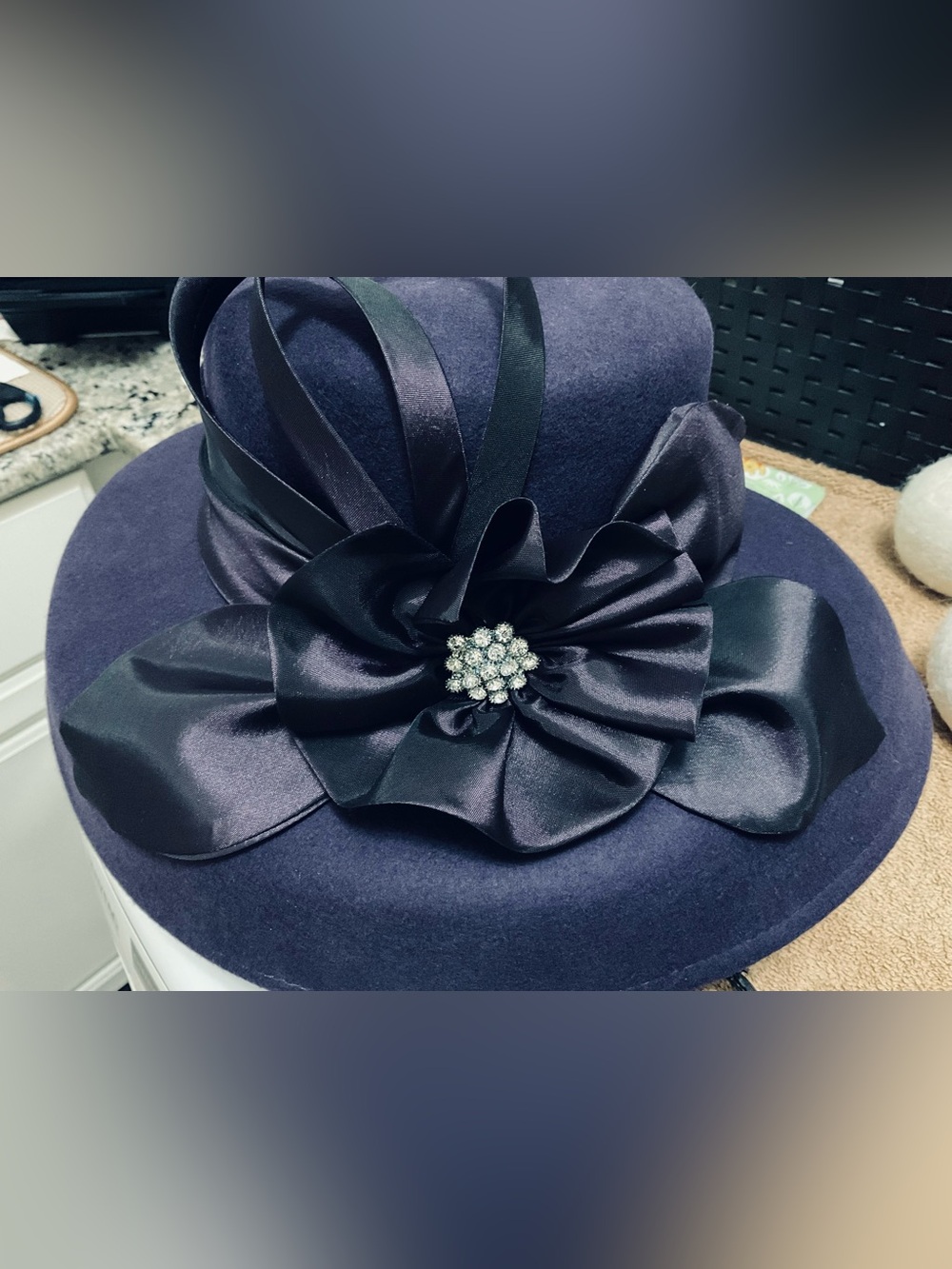 Forbusite Women's Navy Lampshade Hat with Decorative Flower